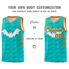 Aqua Orange Halloween Bat Pattern Basketball Jersey 3
