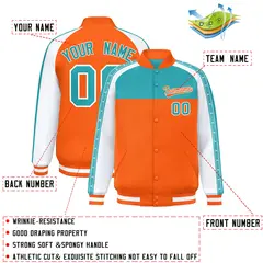 Aqua Orange K-Ribbon Raglan Color Block Full-Snap Letterman Jacket 2