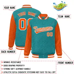 Aqua Orange L Pattern Raglan Sleeves Full-Snap Varsity Letterman Jacket 2