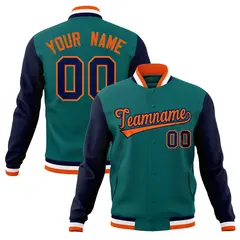 Aqua Orange-Navy Varsity Full-Snap Raglan Letterman Baseball Jacket 1