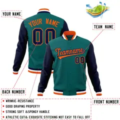 Aqua Orange-Navy Varsity Full-Snap Raglan Letterman Baseball Jacket 4