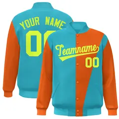 Aqua Orange-Neon Green Color Block Varsity Full-Snap Bomber Jacket