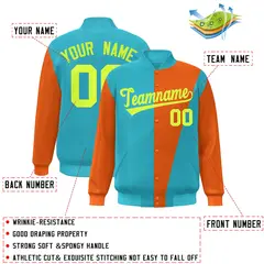 Aqua Orange-Neon Green Color Block Varsity Full-Snap Bomber Jacket 2