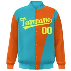 Aqua Orange-Neon Green Color Block Varsity Full-Snap Bomber Jacket 3