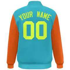 Aqua Orange-Neon Green Color Block Varsity Full-Snap Bomber Jacket 4