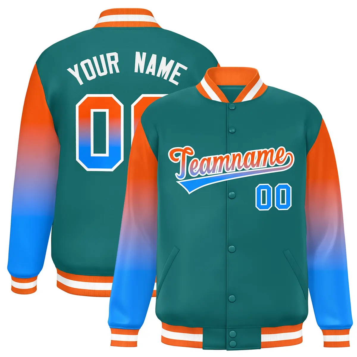 Aqua Orange-Powder Blue Gradient Varsity Full-Snap Raglan Baseball Jacket