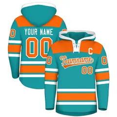 Aqua Orange Raglan Lace-Up Neck Hockey Hoodie Jersey