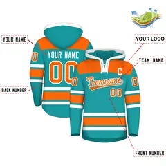 Aqua Orange Raglan Lace-Up Neck Hockey Hoodie Jersey 2