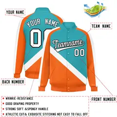 Aqua Orange Raglan Sleeves Full-Snap Letterman Baseball Jacket 2