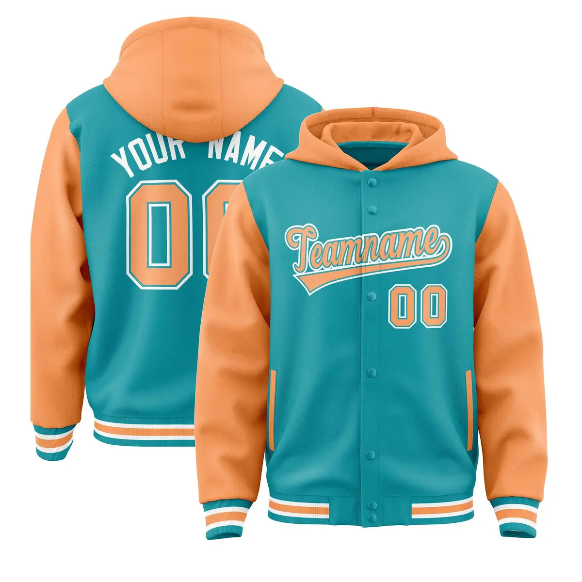 Aqua Orange Raglan Two Tone Varsity Full-Snap Letterman Jacket Hoodie