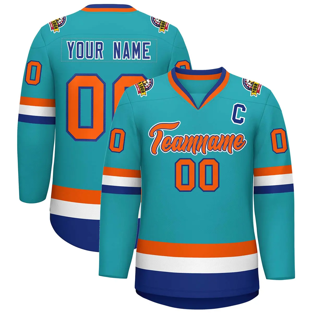 Aqua Orange Royal-White Classic Style Hockey Jersey