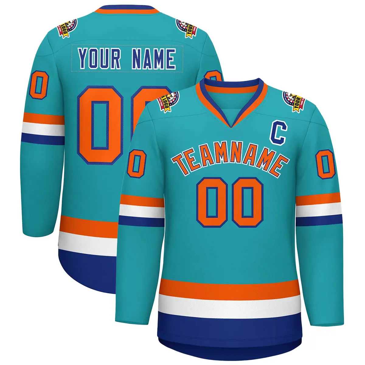 Aqua Orange Royal-White Classic Style Hockey Jersey