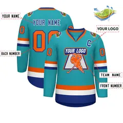 Aqua Orange Royal-White Classic Style Hockey Jersey 2