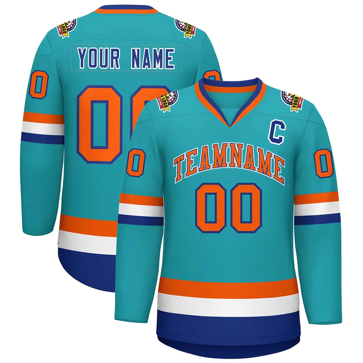 Aqua Orange Royal-White Classic Style Hockey Jersey