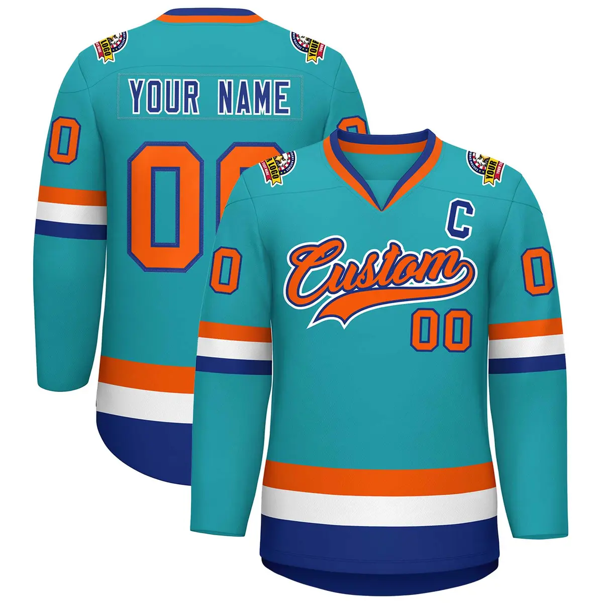 Aqua Orange Royal-White Classic Style Hockey Jersey