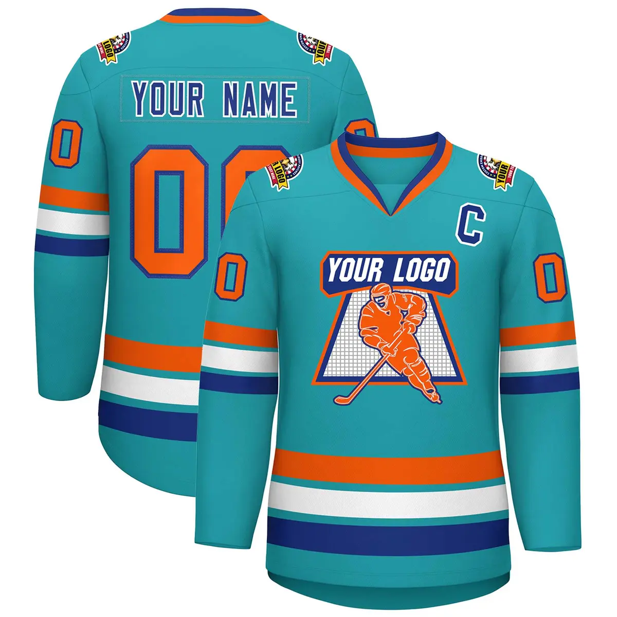 Aqua Orange Royal-White Classic Style Hockey Jersey