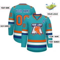 Aqua Orange Royal-White Classic Style Hockey Jersey 2