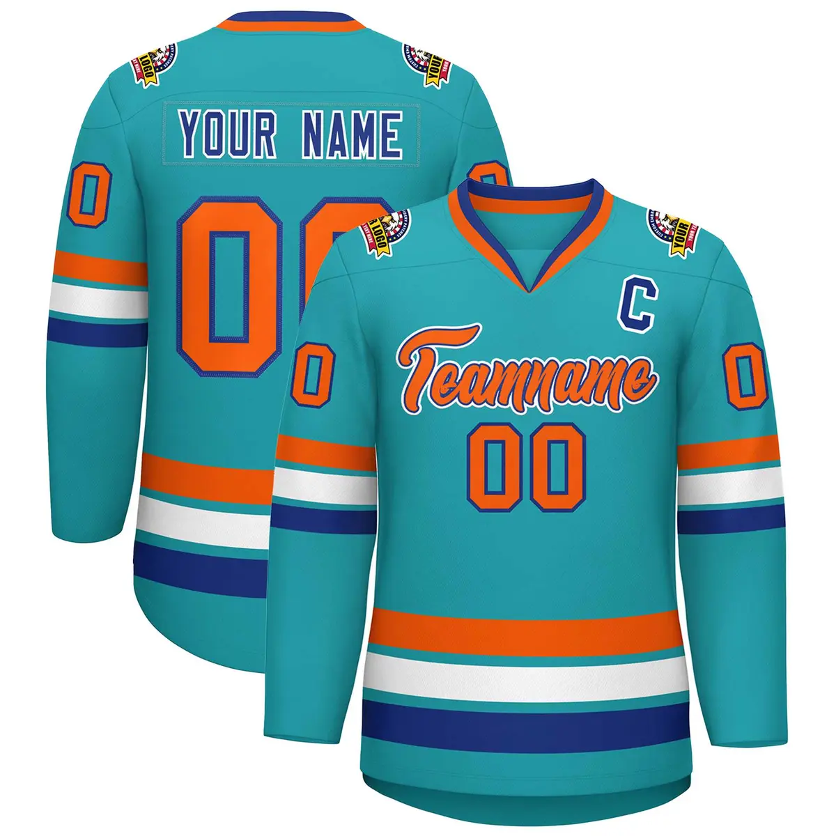 Aqua Orange Royal-White Classic Style Hockey Jersey