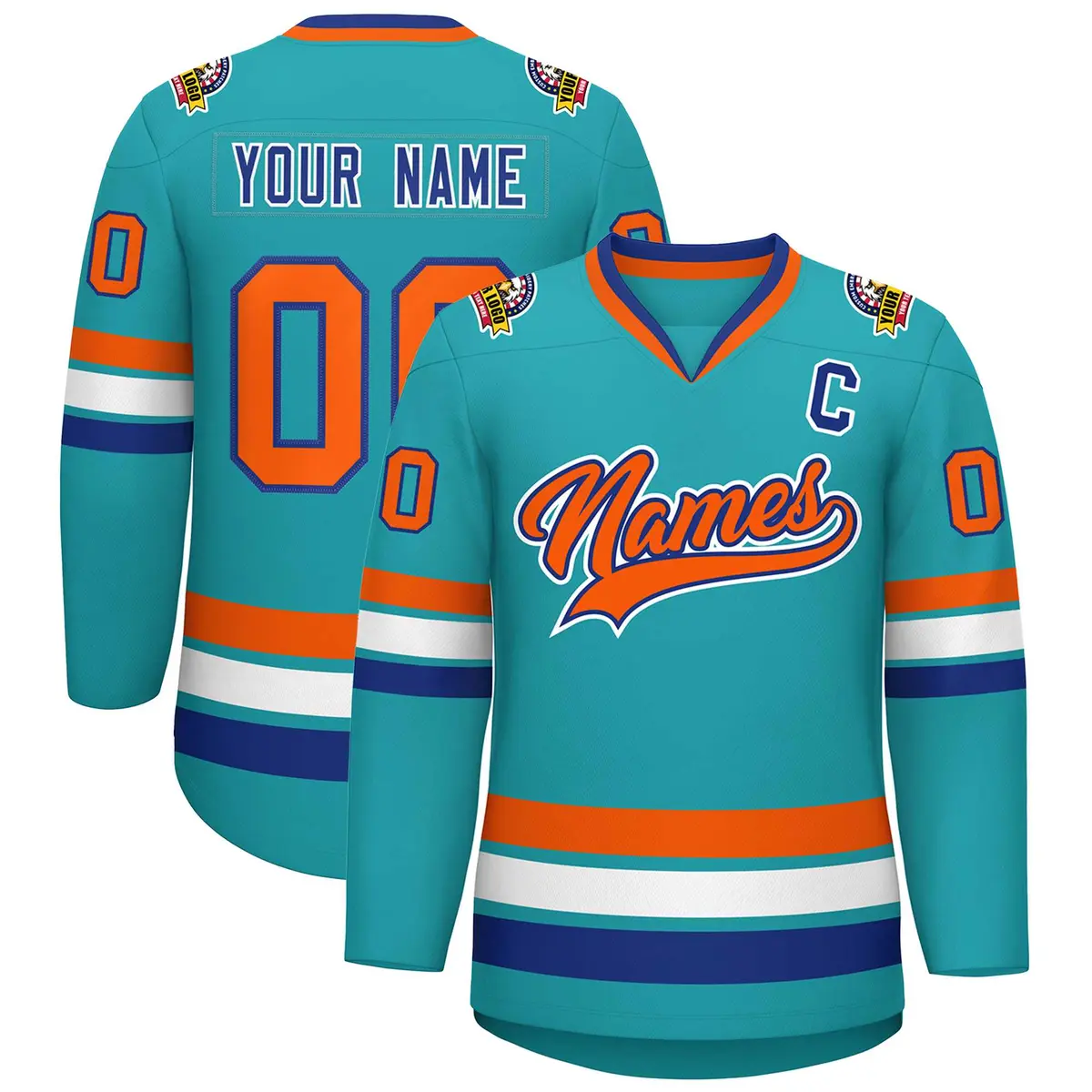 Aqua Orange Royal-White Classic Style Hockey Jersey