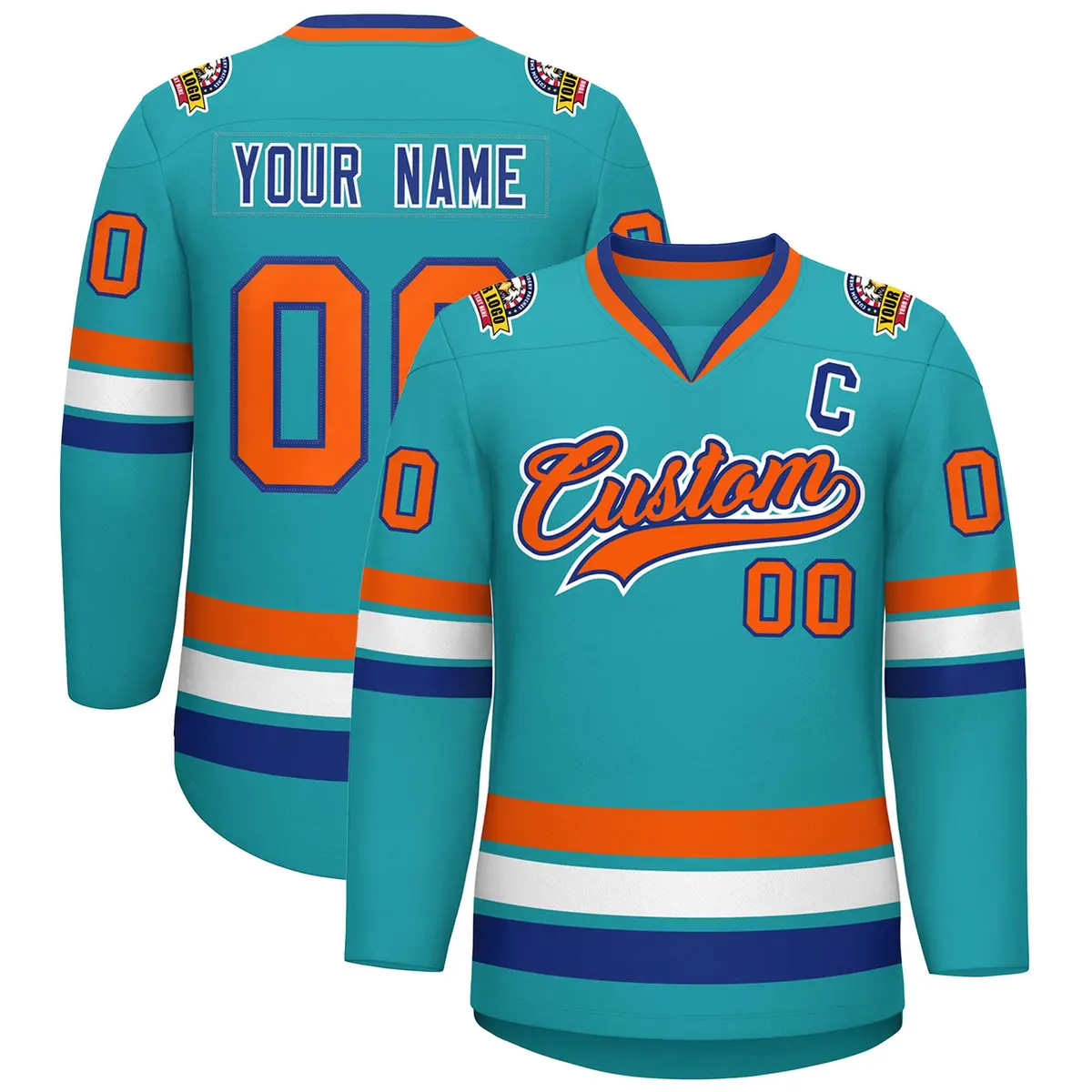 Aqua Orange Royal-White Classic Style Hockey Jersey