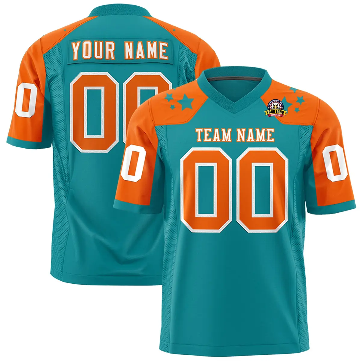 Aqua Orange Shoulder Star Pattern Flag Football Jersey