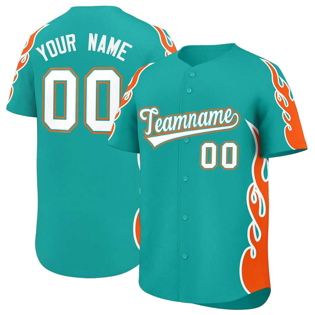 Aqua Orange Side Flame Outline Baseball Jersey