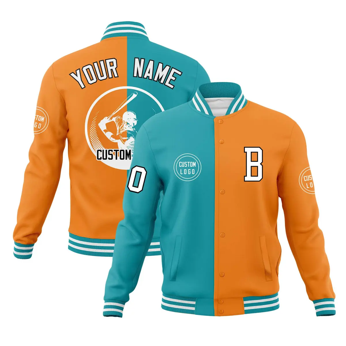 Aqua Orange Split Letterman Varsity Full-Snap Baseball Jacket