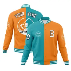 Aqua Orange Split Letterman Varsity Full-Snap Baseball Jacket 1