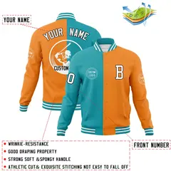 Aqua Orange Split Letterman Varsity Full-Snap Baseball Jacket 4