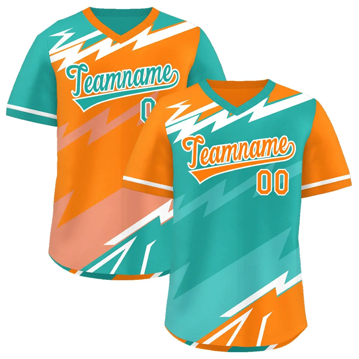 Aqua Orange Teal Reversible Baseball Jersey Lightning & Graffiti Pullover V-Neck