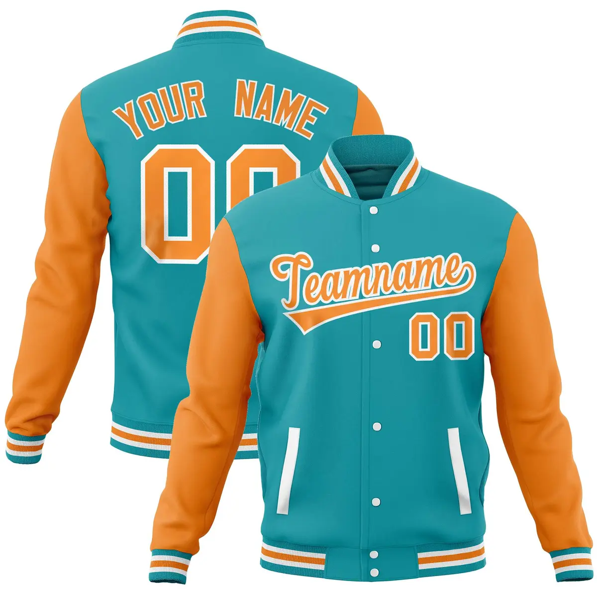 Aqua Orange Varsity Raglan Sleeves Letterman Baseball Jacket