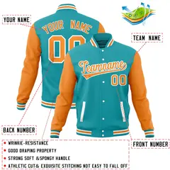 Aqua Orange Varsity Raglan Sleeves Letterman Baseball Jacket 4