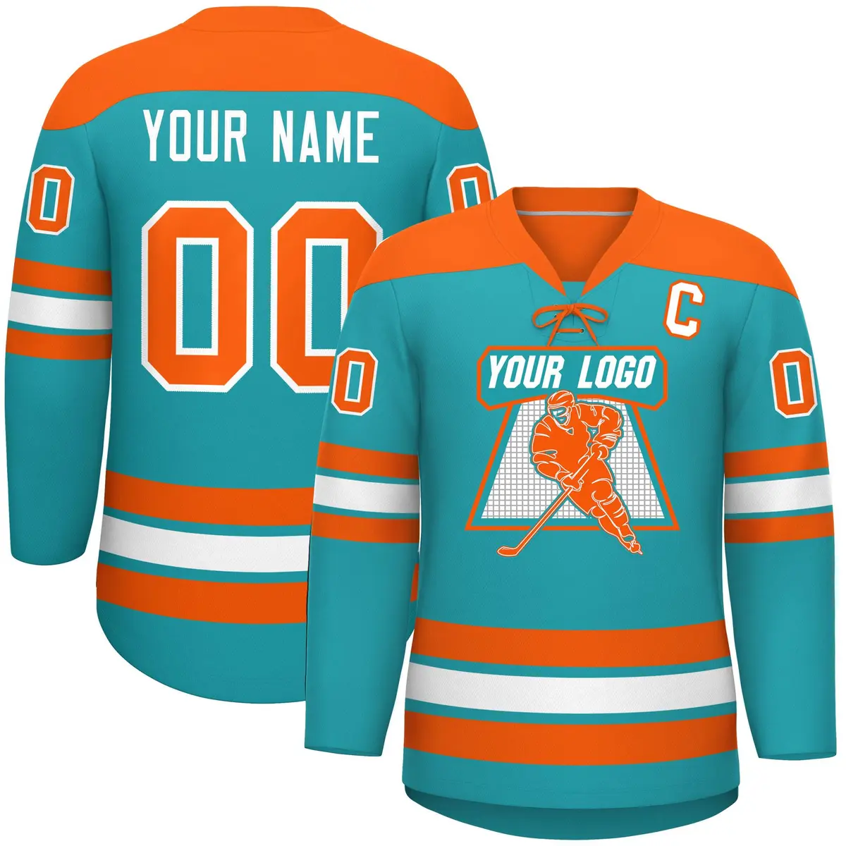 Aqua Orange White Classic Lace-Up Neck Hockey Jersey