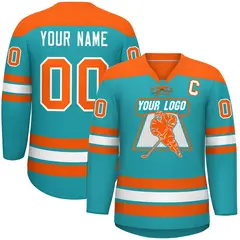 Aqua Orange White Classic Lace-Up Neck Hockey Jersey 1