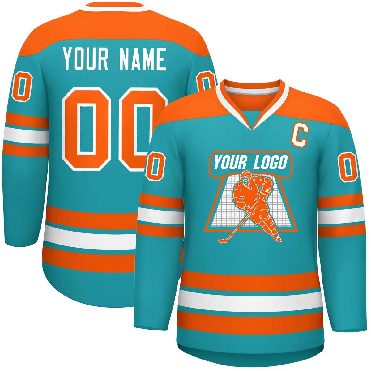 Aqua Orange-White Classic V-Neck Hockey Jersey