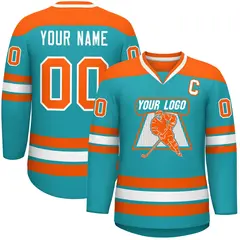 Aqua Orange-White Classic V-Neck Hockey Jersey