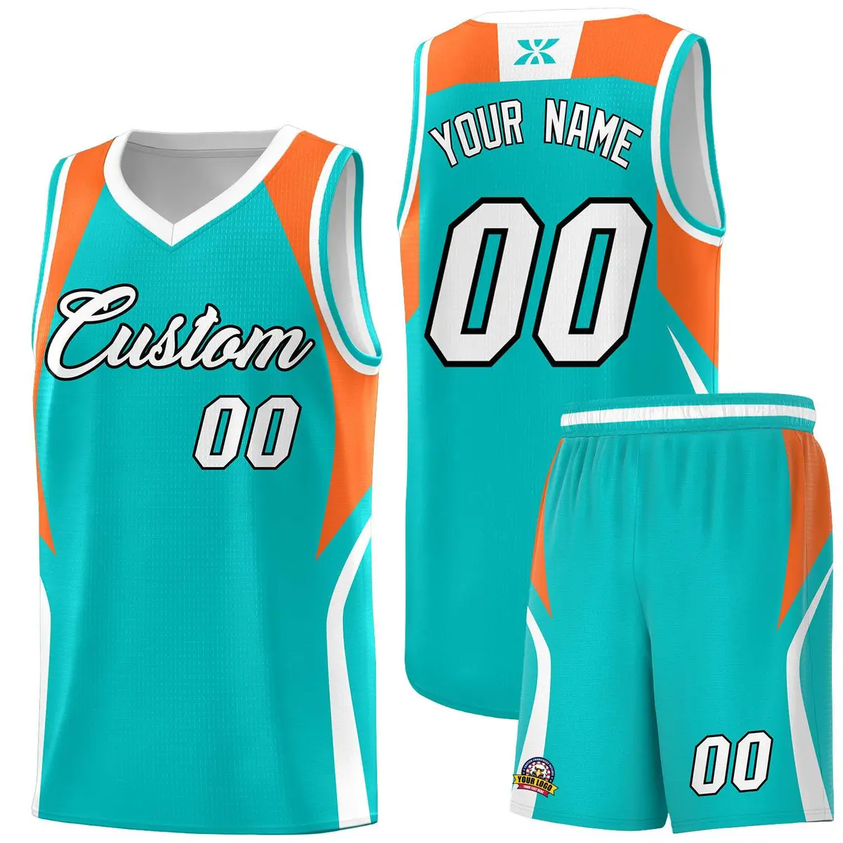 Aqua Orange White Color Block Basketball Jersey