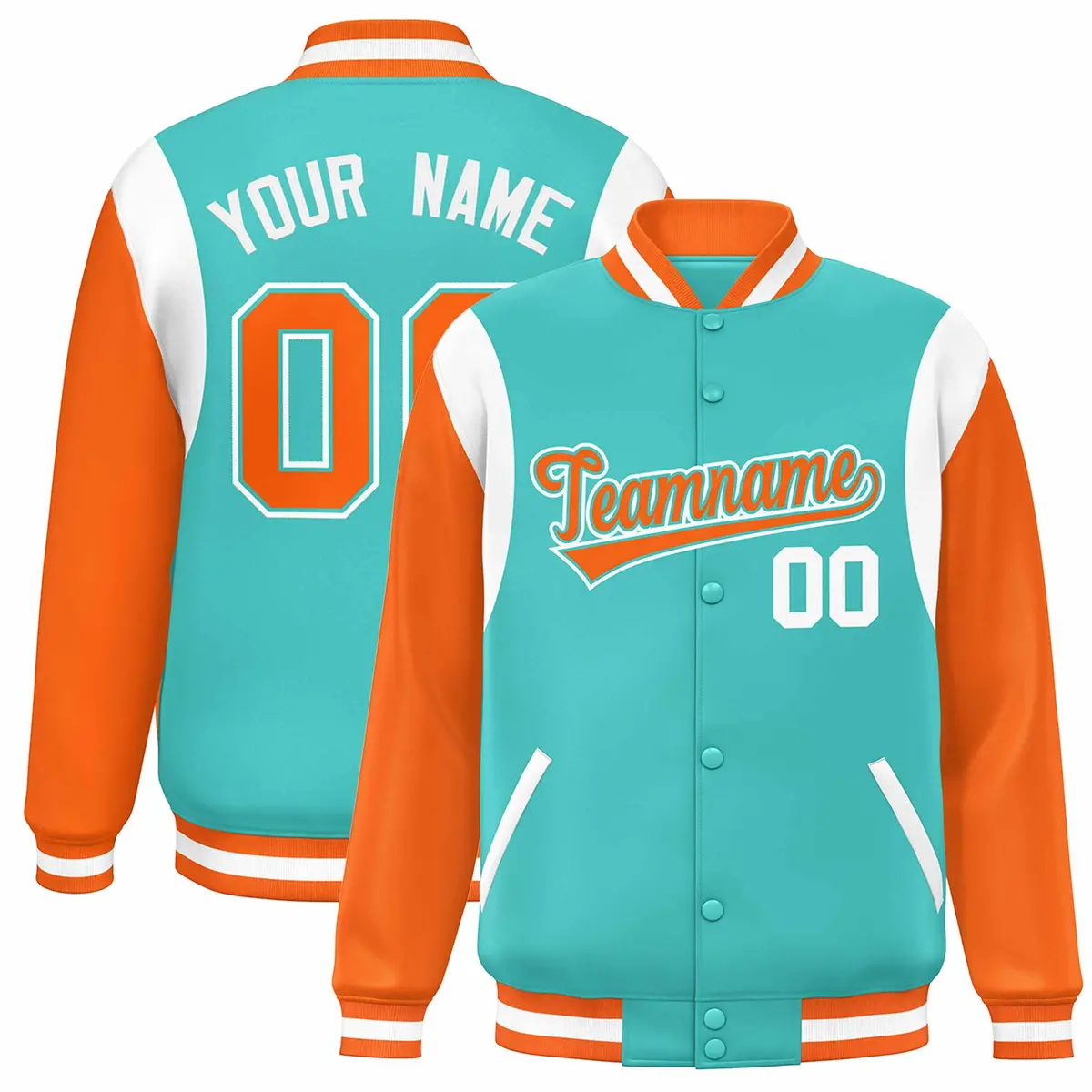 Aqua Orange-White Color Block Varsity Full-Snap Baseball Jacket