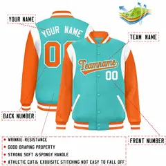 Aqua Orange-White Color Block Varsity Full-Snap Baseball Jacket 2