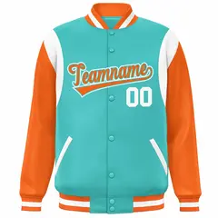 Aqua Orange-White Color Block Varsity Full-Snap Baseball Jacket 3