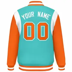 Aqua Orange-White Color Block Varsity Full-Snap Baseball Jacket 4