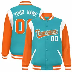 Aqua Orange-White Color Block Varsity Full-Snap Baseball Jacket