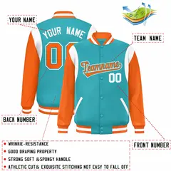 Aqua Orange-White Color Block Varsity Full-Snap Baseball Jacket 2