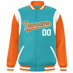 Aqua Orange-White Color Block Varsity Full-Snap Baseball Jacket 3