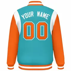 Aqua Orange-White Color Block Varsity Full-Snap Baseball Jacket 4