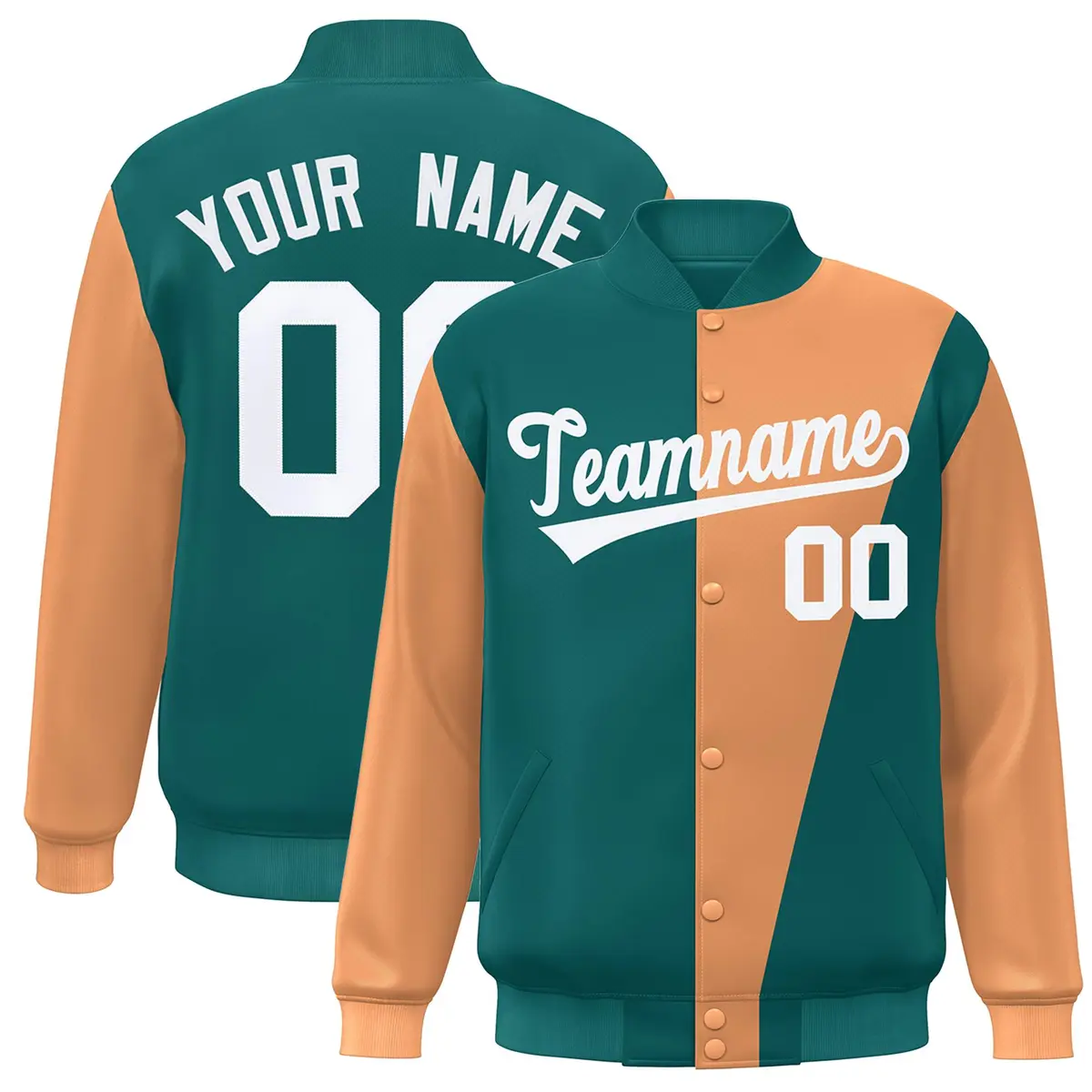 Aqua Orange-White Color Block Varsity Full-Snap Bomber Jacket