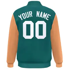 Aqua Orange-White Color Block Varsity Full-Snap Bomber Jacket 4