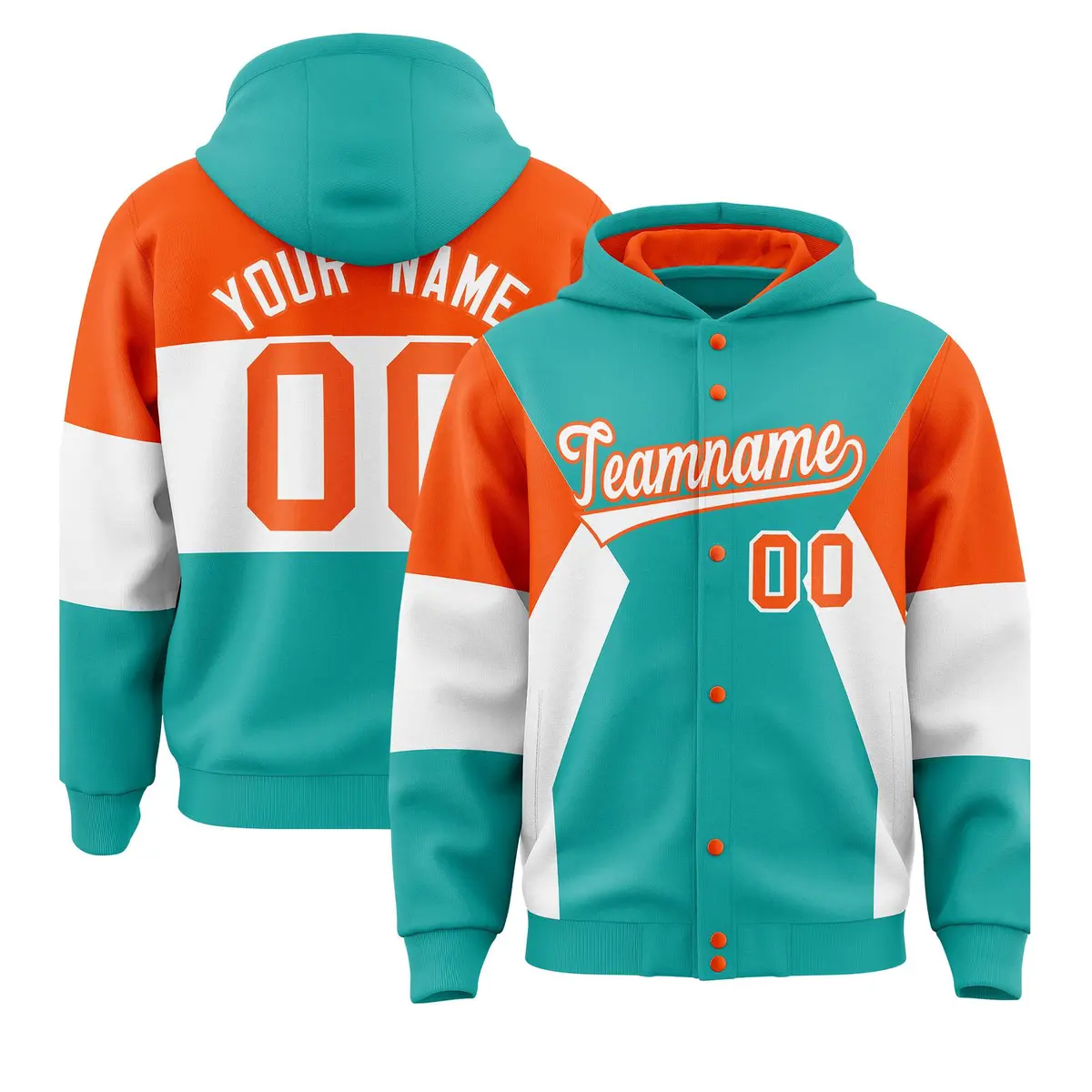 Aqua Orange White Color Block Varsity Letterman Jacket Hoodie