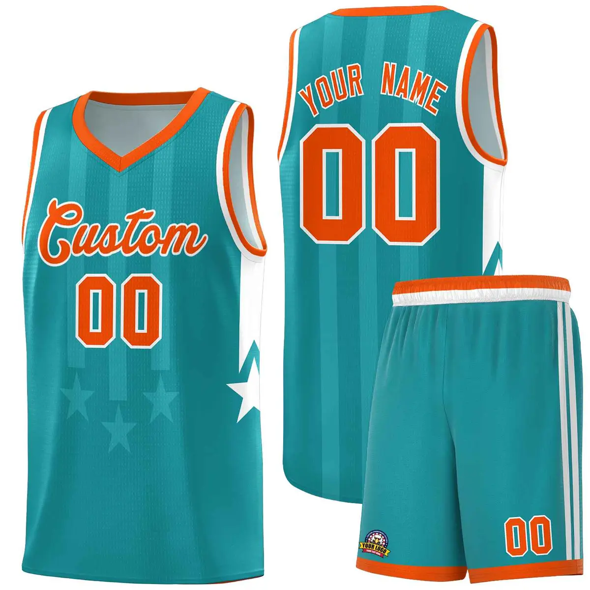 Aqua Orange White Gradient Star Graffiti Basketball Jersey