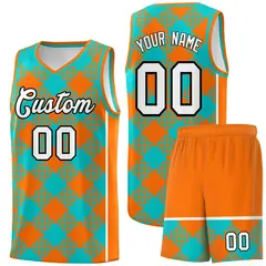 Aqua Orange-White Grid Basketball Kits For Team